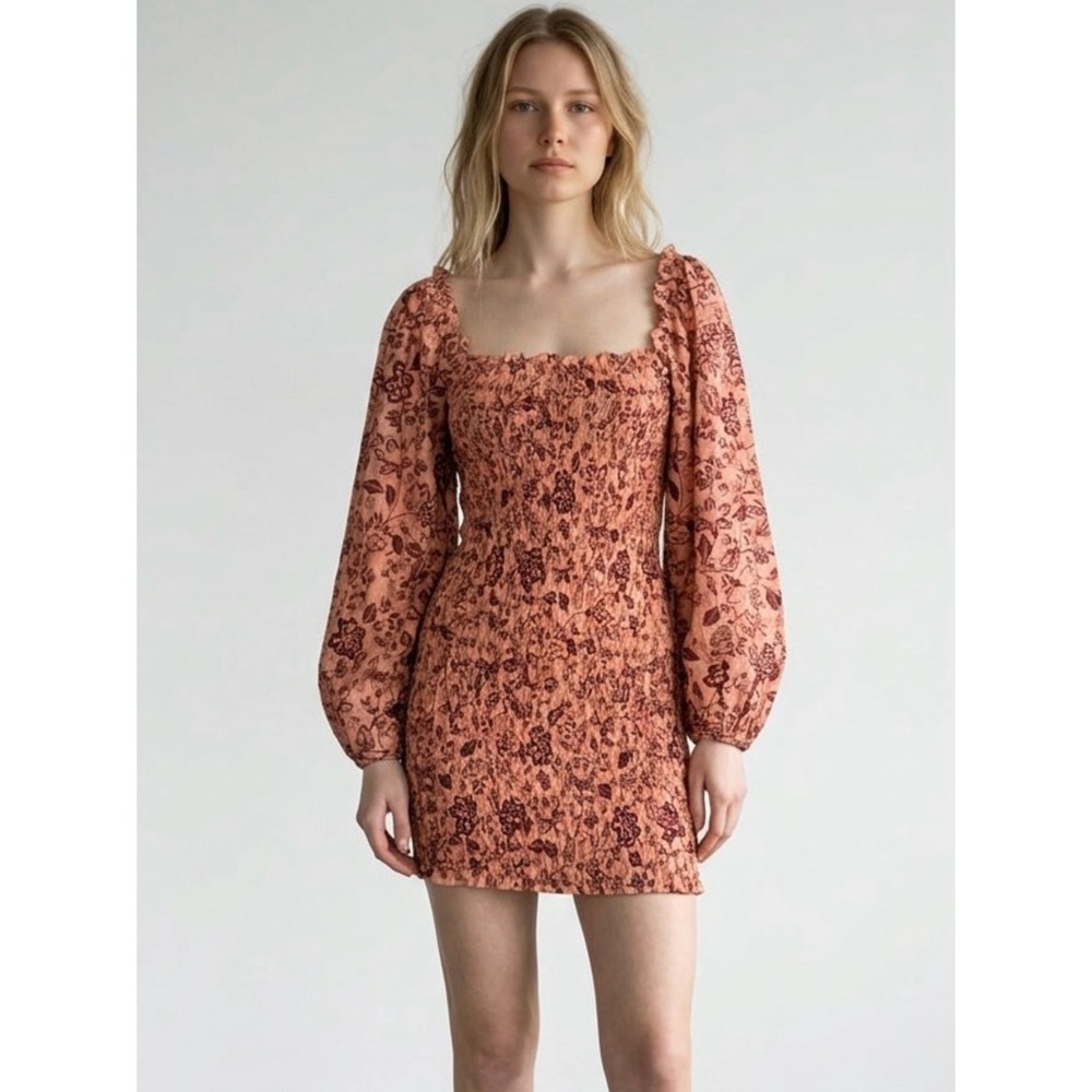 Free People Smock It To Me Apricot Orange Combo Floral Long Sleeve Midi Dress